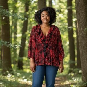 Cato Dark Romantic Red Black Floral Pleated Ruffle Lace Long Sleeve Blouse 26/28